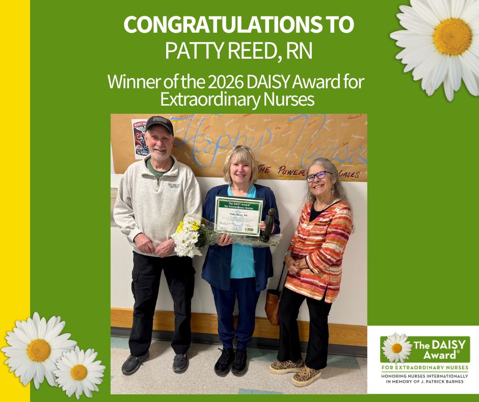Congratulations banner featuring Patty Reed, RN, winner of the 2026 DAISY Award for Extraordinary Nurses, with colleagues posing for a photo.