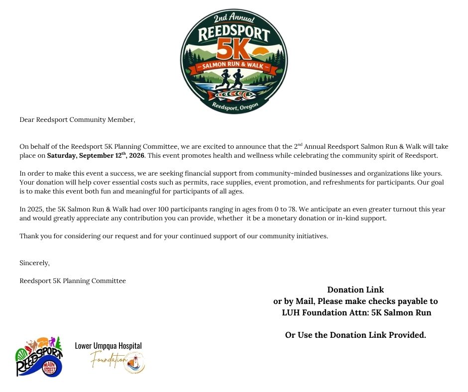 Formal letter announcing the 2nd Annual Reedsport 5K Salmon Run & Walk, with event logo at top and sponsor logos at bottom (Reedsport, Oregon).