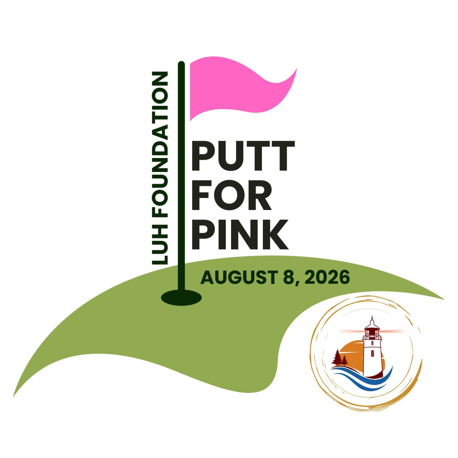 Poster-style graphic for a foundation event with a vertical 'FOUNDATION' text, green flagpole and pink flag, lighthouse emblem, and date August 8, 2026.